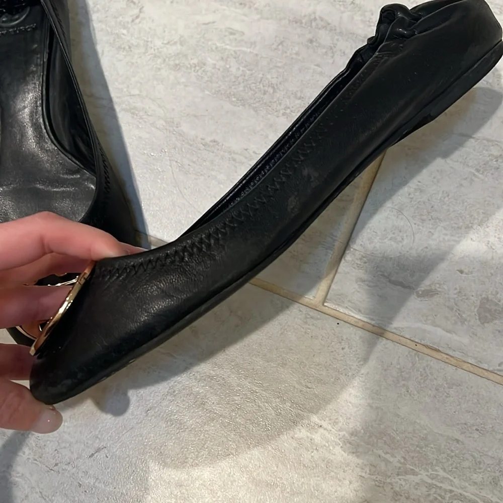 Tory Burch Black Leather Ballet Flats with Gold Logo Medallions